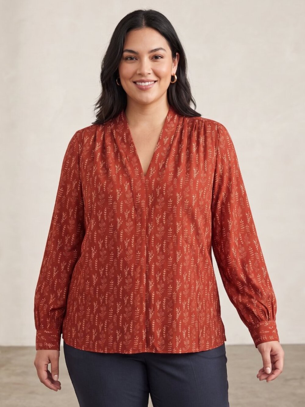 NWT | FAKEWEI Red Floral V-Neck Long Sleeve Boho Blouse Soft Stretch | XXL